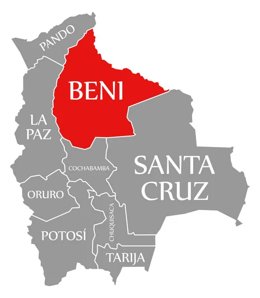 Beni Rojo Resaltado Mapa Bolivia —  Fotos de Stock