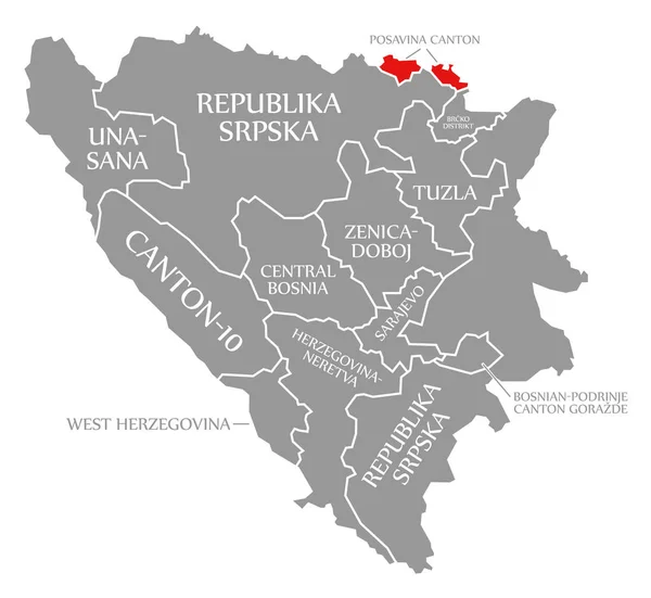 Posavina Cantón Rojo Resaltado Mapa Bosnia Herzegovina —  Fotos de Stock