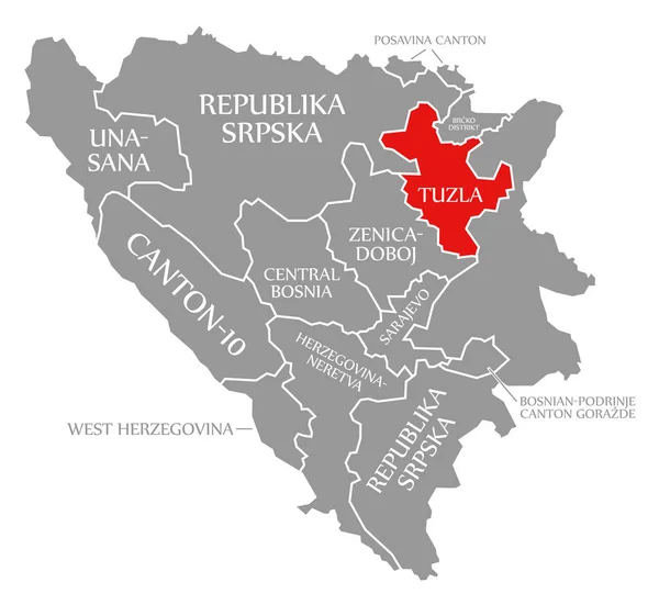 Tuzla Rojo Resaltado Mapa Bosnia Herzegovina —  Fotos de Stock
