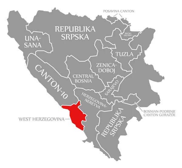 Κόκκινο Της Δυτικής Ερζεγοβίνης Τονίζεται Στο Χάρτη Της Βοσνίας Και — Φωτογραφία Αρχείου
