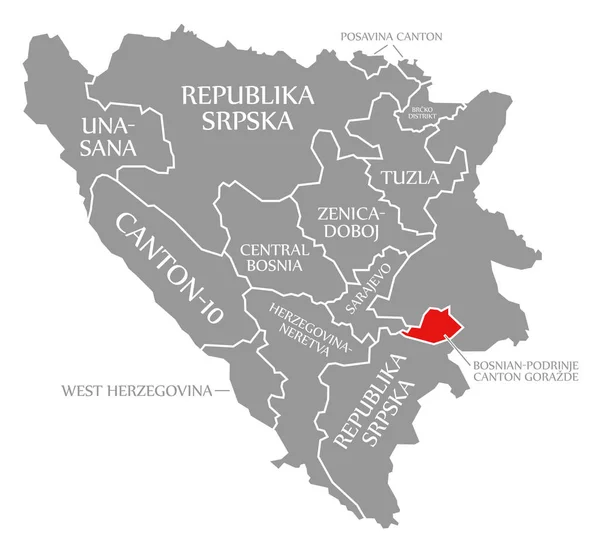 波斯尼亚和黑塞哥维那地图上醒目的波斯尼亚波德林吉州戈拉日德红 — 图库照片