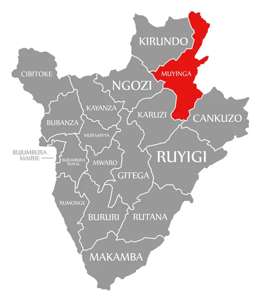布隆迪地图上突出显示的Muyinga红色 — 图库照片