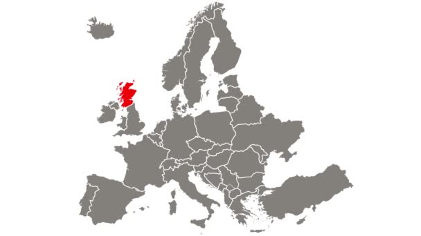 Skotsko Země Blikající Červená Zvýrazněna Mapě Evropy — Stock video