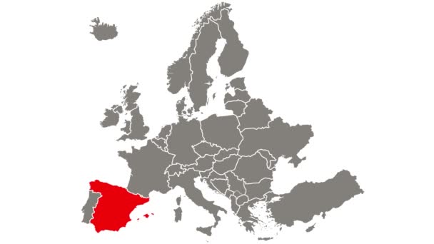 Spanje Land Knipperend Rood Gemarkeerd Kaart Van Europa — Stockvideo