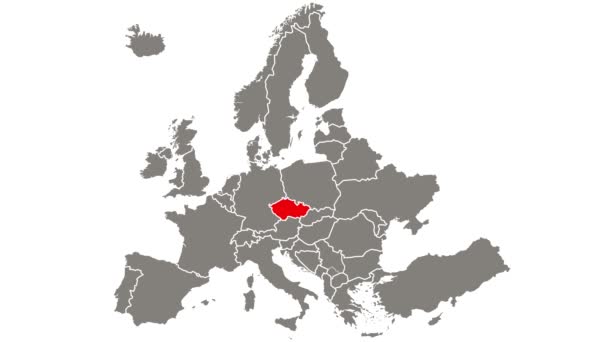 捷克共和国国家在欧洲地图上闪烁着红光 — 图库视频影像