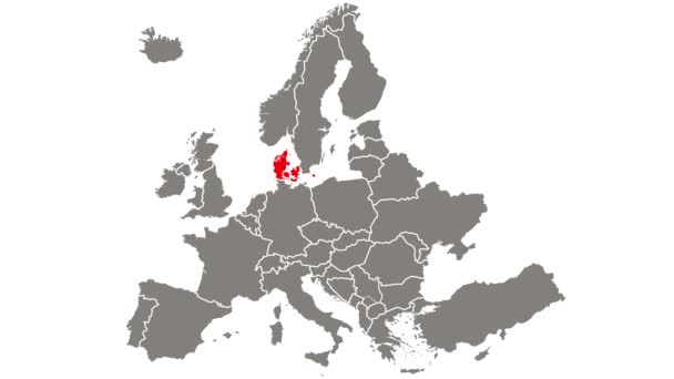 Dánsko Země Blikající Červená Zvýrazněná Mapě Evropy — Stock video