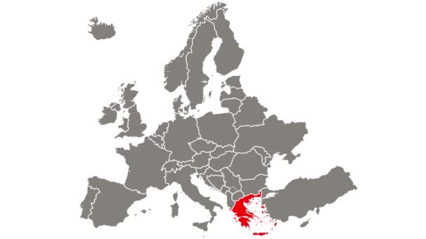 Griekenland Land Knipperend Rood Gemarkeerd Kaart Van Europa — Stockvideo