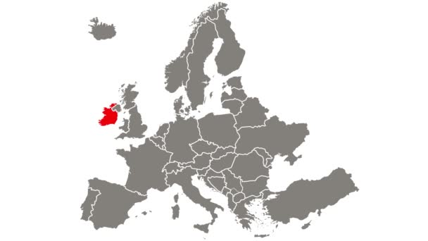Irsko Země Blikající Červená Zvýrazněná Mapě Evropy — Stock video