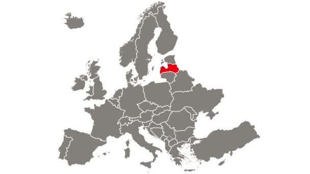 Lotyšsko Země Blikající Červená Zvýrazněná Mapě Evropy — Stock video