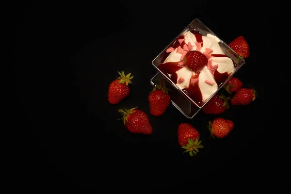 Strawberry Dessert Strawberries Black Background Top View — Stock Photo, Image