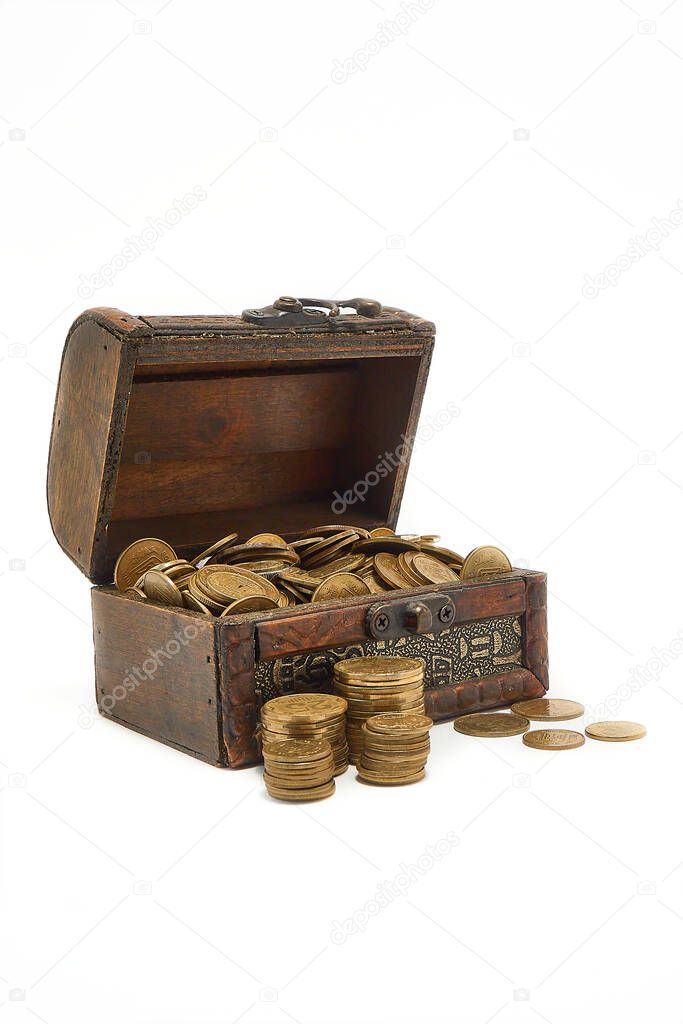 Chest with coins on a white background.