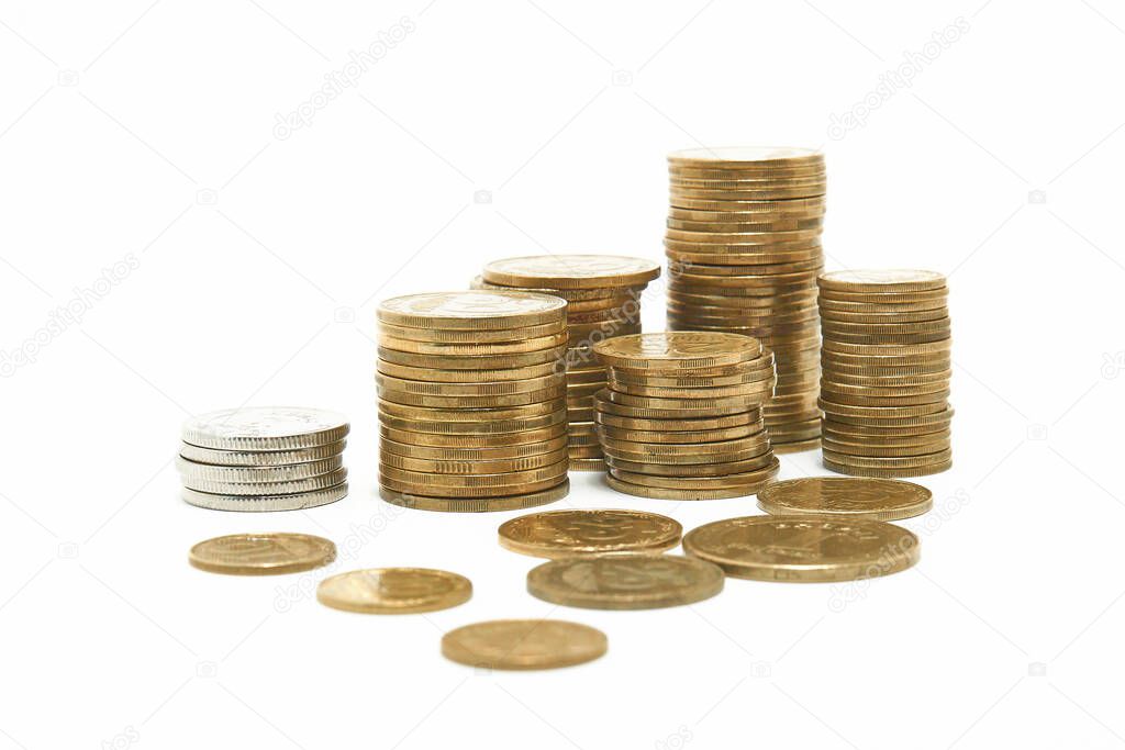 Stacks of coins on a white background.