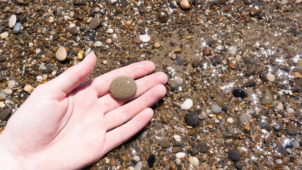 Το χέρι του κοριτσιού κρατά ένα βρεγμένο βότσαλο. Μικρές πέτρες και φύκια κάτω από το νερό κοντά στην ακτή. Πέτρες του ποταμού — Φωτογραφία Αρχείου