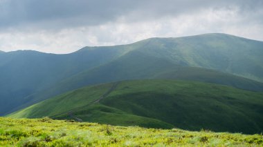Yeşil dağların üzerindeki bulutlu gökyüzü. Borzhavsky sıradağları, Ukrayna. Dağdaki patika. Doğa arkaplanı