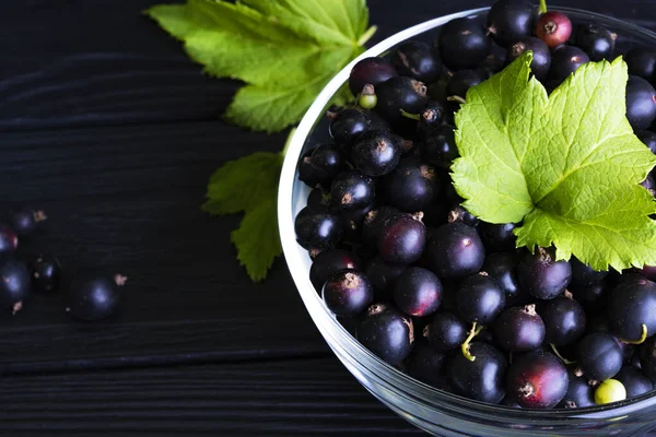 Black currant and green leaves on a dark wooden background. Background with currant berries and green leaves. Currant Macro.