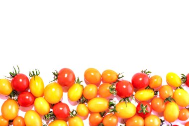 Beyaz arka planda izole edilmiş kırmızı ve sarı domatesler. Yemek arkaplan manzarası. Metin için yer