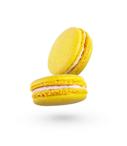 Lemon Yellow Macaroons Fly White Background Beautiful Yellow Macaroons — Stock Photo, Image