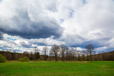 bir güneşli bahar gününde peyzaj görüntüsü. Mavi Gökyüzü bulutlu. Panorama