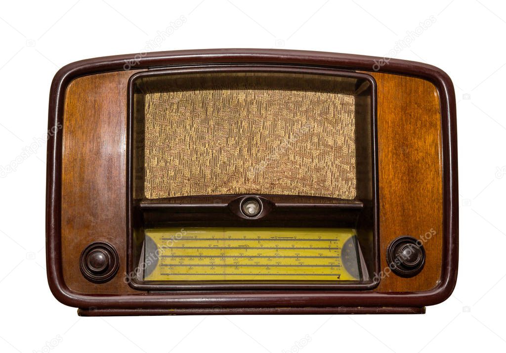 old radio on white background. isolated, retro style