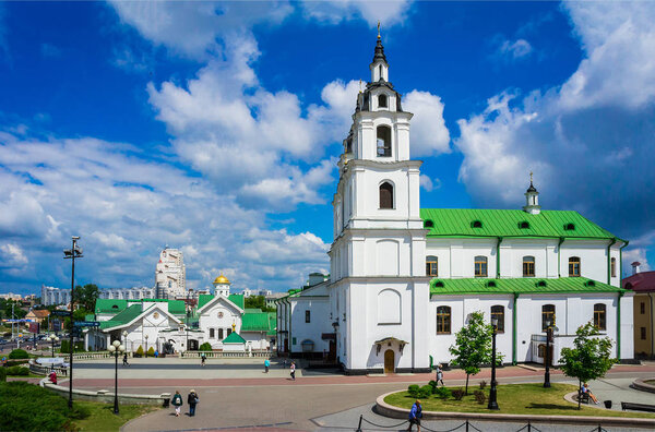 Minsk, Belarus, 05/24/2018, the Cathedral of the Holy Spirit, the main Orthodox church against the sky with clouds, editorial