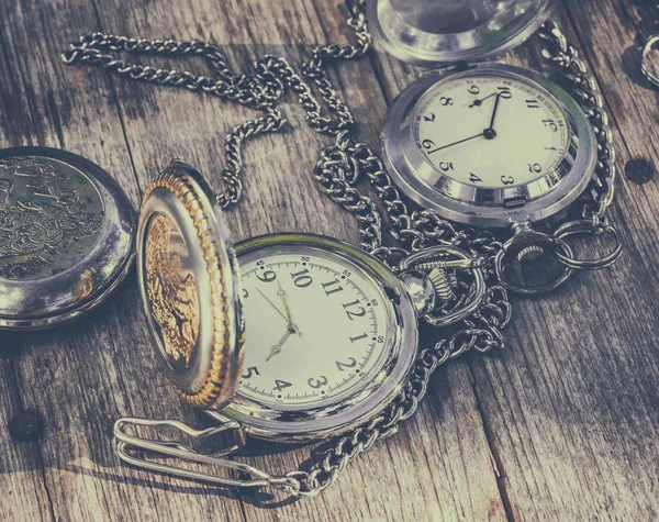 old pocket watch on an old wooden surface, retro