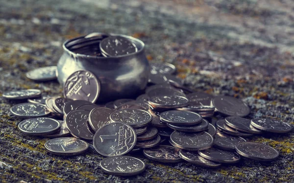 Monete Russe Vecchie Superfici Legno Penny Metallo Stile Retrò Messa — Foto Stock