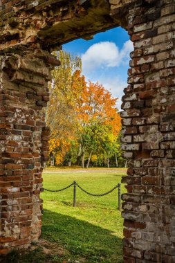 Eski mimarinin bir parçası. Loschitsky parkındaki bir su değirmeninin kalıntıları. Güzel sarı yaprakları olan ağaçlardan oluşan sonbahar manzarası. Old Manor, Minsk, Belarus. Dikey