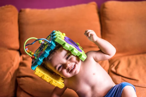 Child Playing Toy Bucket Helmet — Stock Photo, Image