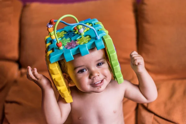 Child Playing Toy Bucket Helmet — Stock Photo, Image