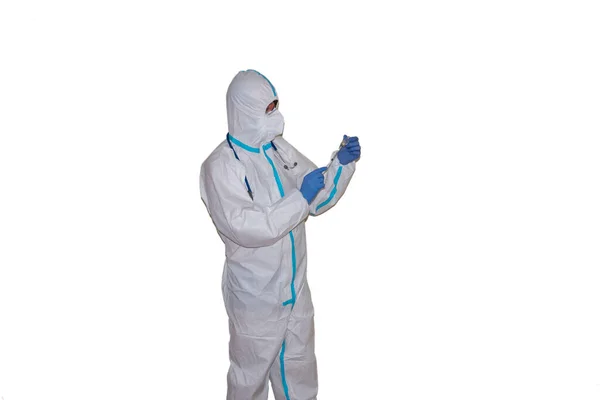 Mann Arzt Mit Sicherheitskleidung Desinfektion Und Bekämpfung Des Coronavirus Hintergrund — Stockfoto