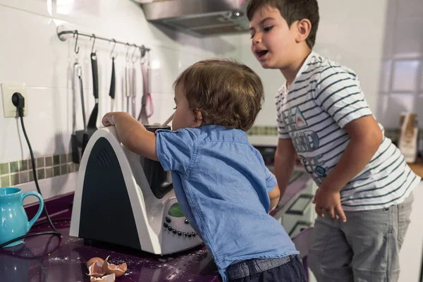 Two Children Preparing Pancakes Kitchen Robot — Stock Photo, Image