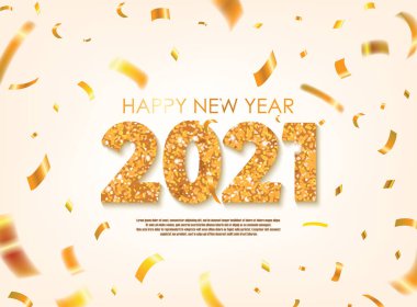 Altın 2021 Dağılmış Altın Konfetisiyle Mutlu Yıllar. Vektör İllüstrasyonu. Broşürler, broşürler, kartpostallar ve posterler için tasarım ögesi.