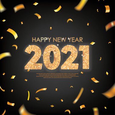 Altın 2021 Dağılmış Altın Konfetisiyle Mutlu Yıllar. Vektör İllüstrasyonu. Broşürler, broşürler, kartpostallar ve posterler için tasarım ögesi.