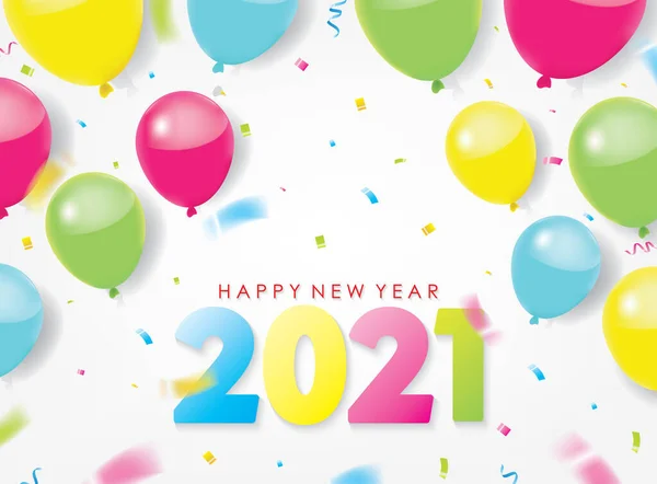 Colorido 2021 Feliz Ano Novo Saudação Com Balões Conffetis Espalhados — Vetor de Stock