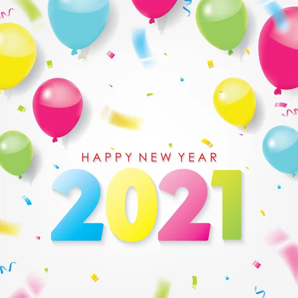 Colorido 2021 Feliz Ano Novo Saudação Com Balões Conffetis Espalhados — Vetor de Stock