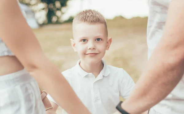 Family Nature Son Holds Mom Dad Hands Looks Frame — Stock Photo, Image