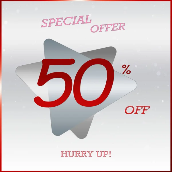 Primium Special Offer Discount Banner With 50% Off Hurry Up Text On Silver Grey Triangle Label With Glossy Red Frame.