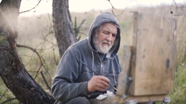 Um artista idoso de cabelos grisalhos em uma jaqueta cinza e capuz pinta um quadro de óleo na natureza — Vídeo de Stock