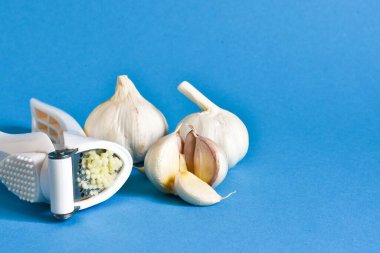 Mavi arka planda taze sarımsak ve sarımsak ezici. metin için yer.