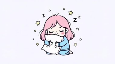 Şirin karalama kızı rahat bir battaniye ve yastıkla huzur içinde uyuyor.