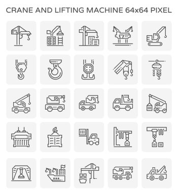 Crane vector icon or lifting equipment i.e. tower, crawler, hook, winch, mobile, truck, overhead, gantry, container. For business and industry i.e. building construction, transportation and production