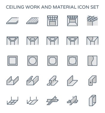 Tavan çalışma ve malzeme Icon set.