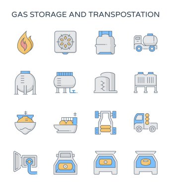 Gaz depolama ve taşıma Icon set.