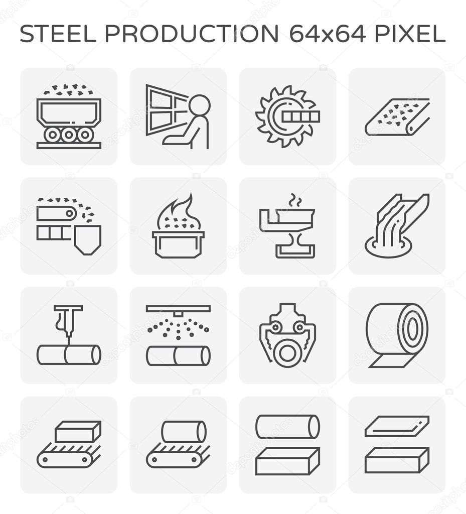 Steel and metal production industry vector icon set, 64x64 perfect pixel and editable stroke.