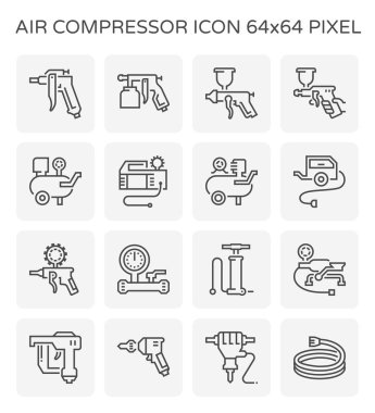 Air compressor icon. Consist of spray gun or airbrush for auto paint repair. Including with pressure tank, bicycle pump, air blow gun, pressure gauge, pneumatic staple, drilling tool, jack hammer etc.