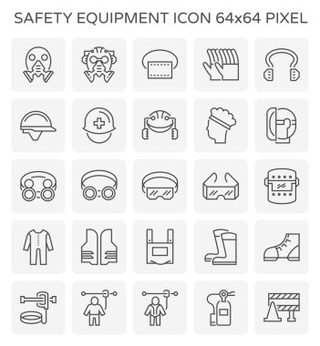 Safety equipment icon or personal protective equipment (PPE) in industrial work. Consist of air purifying respirator, helmet, earmuff, shield, glasses, fire resistant clothing etc. For protect wearer.