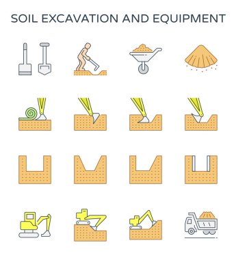 Toprak kazı ve ekipman simge seti, düzenlenebilir kontur.
