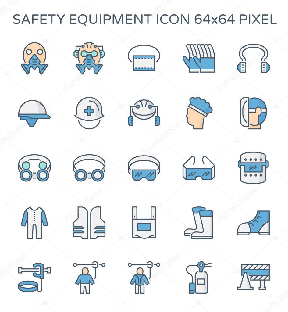 Safety equipment and tool icon set, 64x64 perfect pixel and editable stroke.