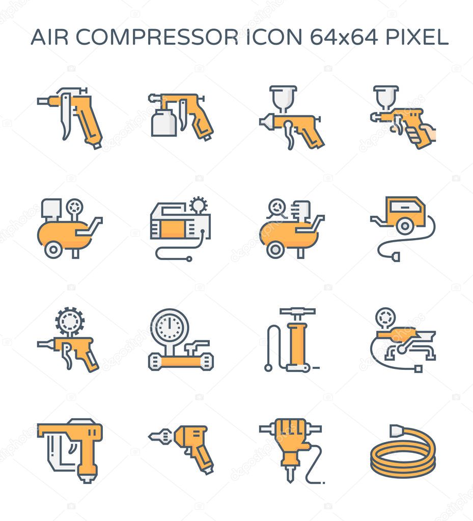 Air compressor and tool icon set, 64x64 perfect pixel and editable stroke.