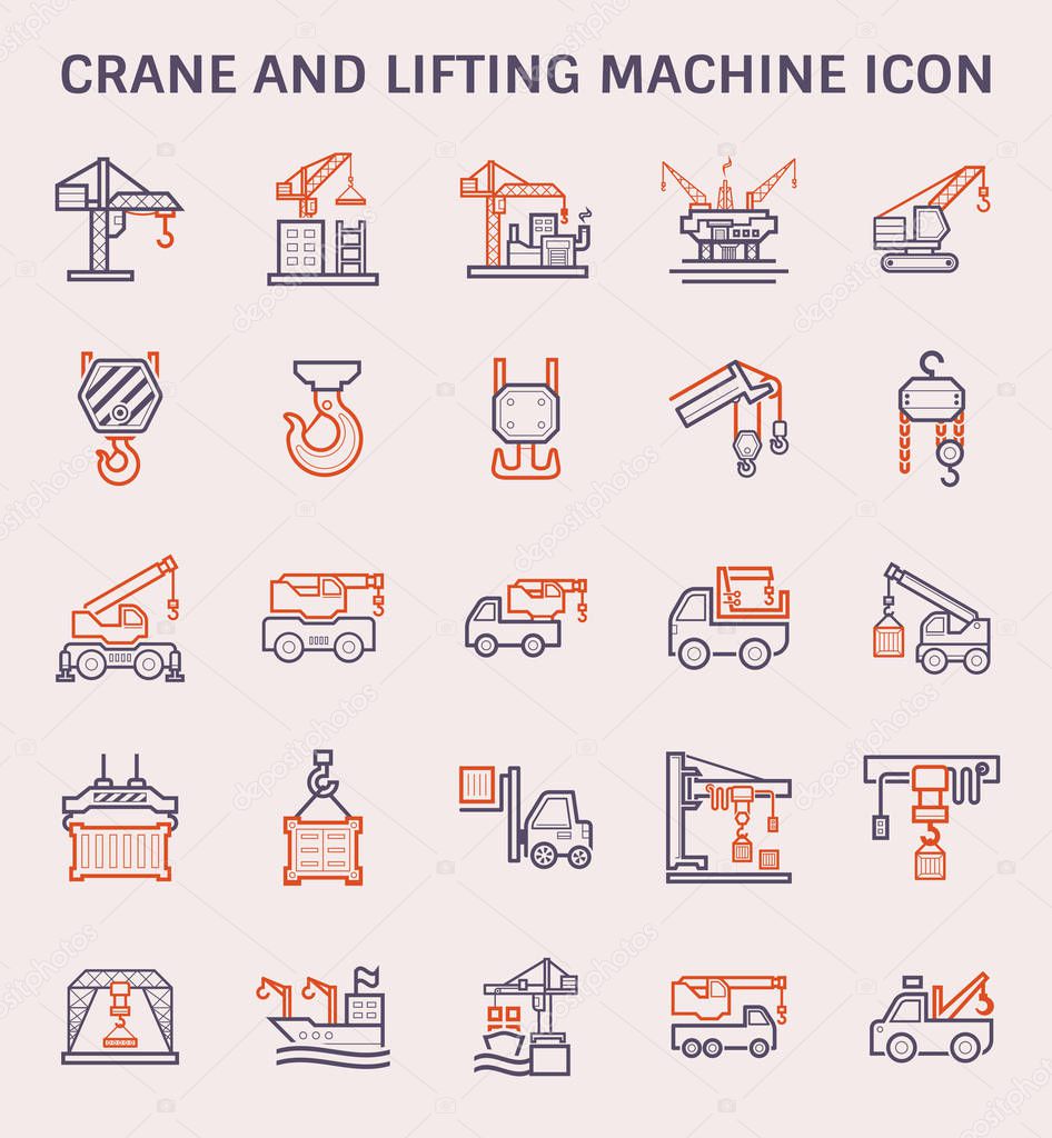 Crane and lifting machine icon set, color and outline.